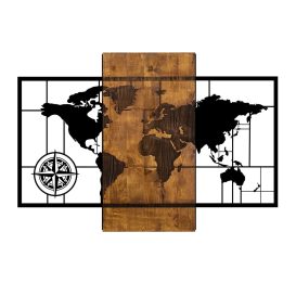 World Map With Compass Fa fali dekoráció 85x58  Dió-Fekete