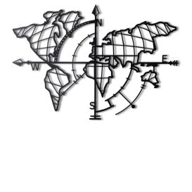 World Map Compass - Black Fali fém dekoráció 95x65  Fekete