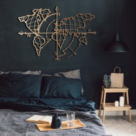 World Map Compass Gold Fali fém dekoráció 95x65  Arany