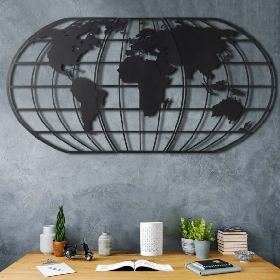 World Map Globe Led - Black Fali fém dekoráció 120x60  Fekete