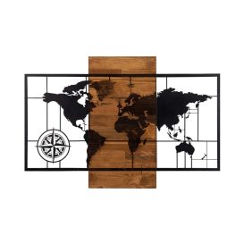 World Map Wıth Compass Fa fali dekoráció 85x58  Fekete-Dió