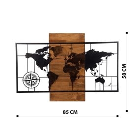 World Map Wıth Compass Fa fali dekoráció 85x58  Fekete-Dió