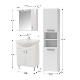 Ikeany 60 fürdőszobai alsószekrény mosdóval Oglio60 tükrös szekrénnyel Luna S40 magas szekrénnyel