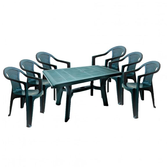 Lamia 6 személyes kerti bútor szett, zöld asztallal, 6 db Flen zöld székkel