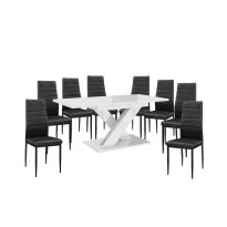   Maasix WTG Magasfényű Fehér 8 személyes étkezőszett Fekete Coleta székekkel