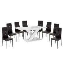   Maasix WTG Magasfényű Fehér 8 személyes étkezőszett Fekete Elvira székekkel