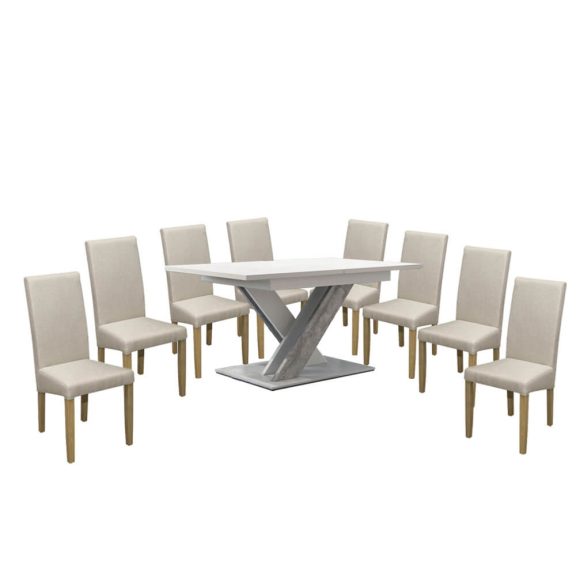 Maasix WTS Magasfényű Fehér-Szürke X 8 személyes étkezőszett Bézs Vanda székekkel