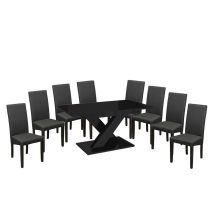   Maasix BKG Magasfényű Fekete 8 személyes étkezőszett Szürke Vanda székekkel