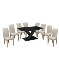   Maasix BKG Magasfényű Fekete 8 személyes étkezőszett Bézs Vanda székekkel