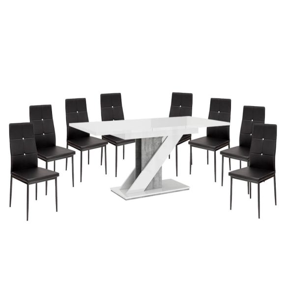 Maasix WGS Szürke-Magasfényű Fehér Z 8 személyes étkezőszett Fekete Elvira székekkel