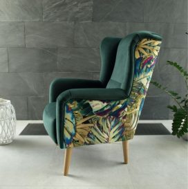 Dizájnos fotel, anyag, smaragd/minta Jungle, BELEK